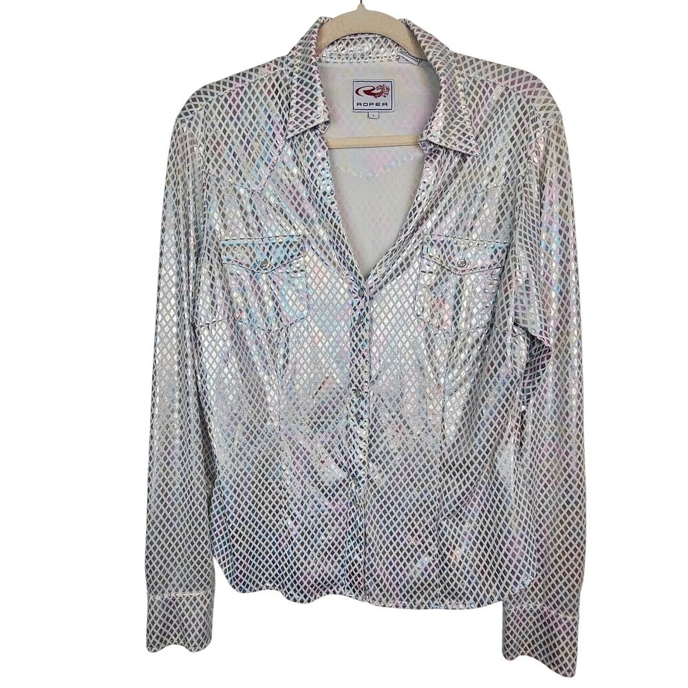 Roper Womens Western Shirt Sz L Iridescent Silver Metallic Cowgirl Country Rodeo